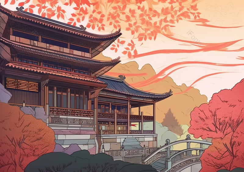 中国国潮国风新中式古风建筑门前的枫树树叶室外风景场景背景插画,插画/手绘图,插画/手绘图库,插画/手绘图下载,插画/手绘